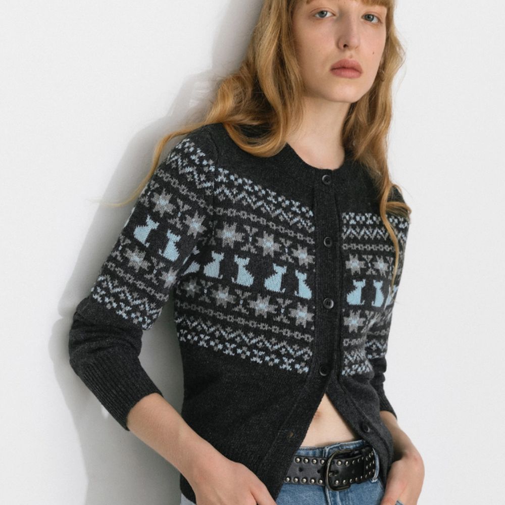 Cat Fair Isle Cardigan ~ Grey