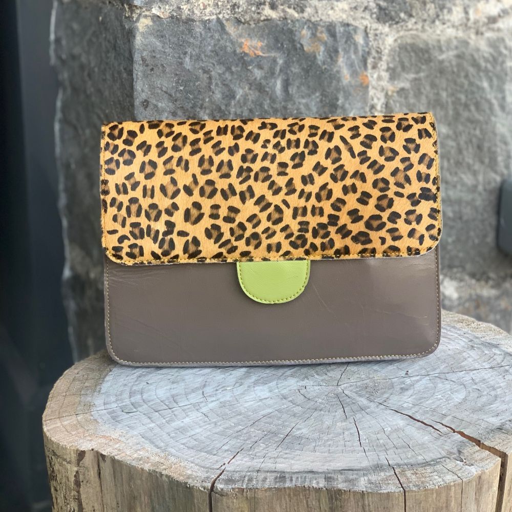 Leather Shoulder Bag ~ Mink/Leopard/Lime