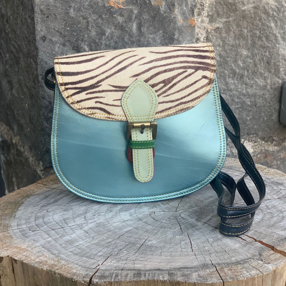 Small Leather Shoulder Bag ~ Metallic Blue/Zebra