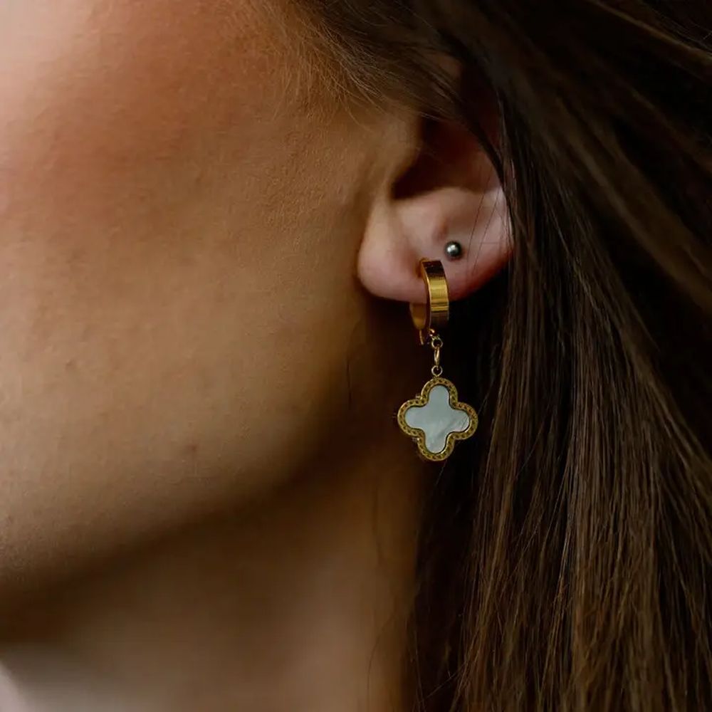 Clover Chunky Huggie Earrings ~ White & Gold